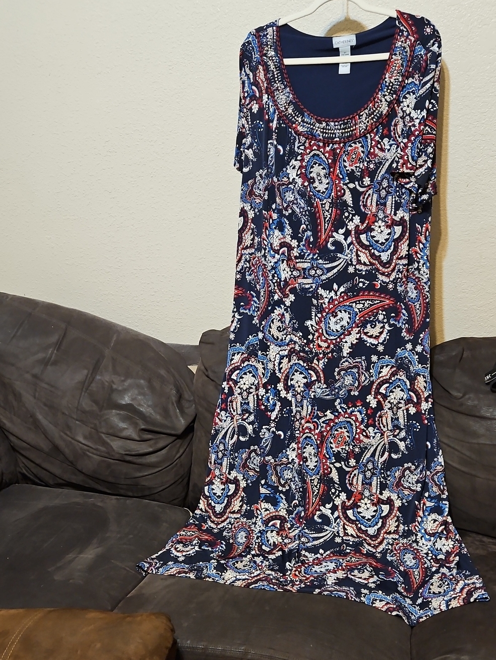 Catherines Navy Paisley Maxi Dress with Red and Light Blue Accents